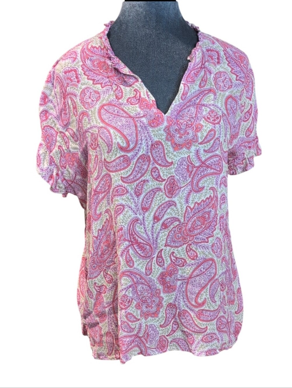J. Jill Purple/Coral/Green Paisley Blouse with Ruffle Sleeves Size Medium
